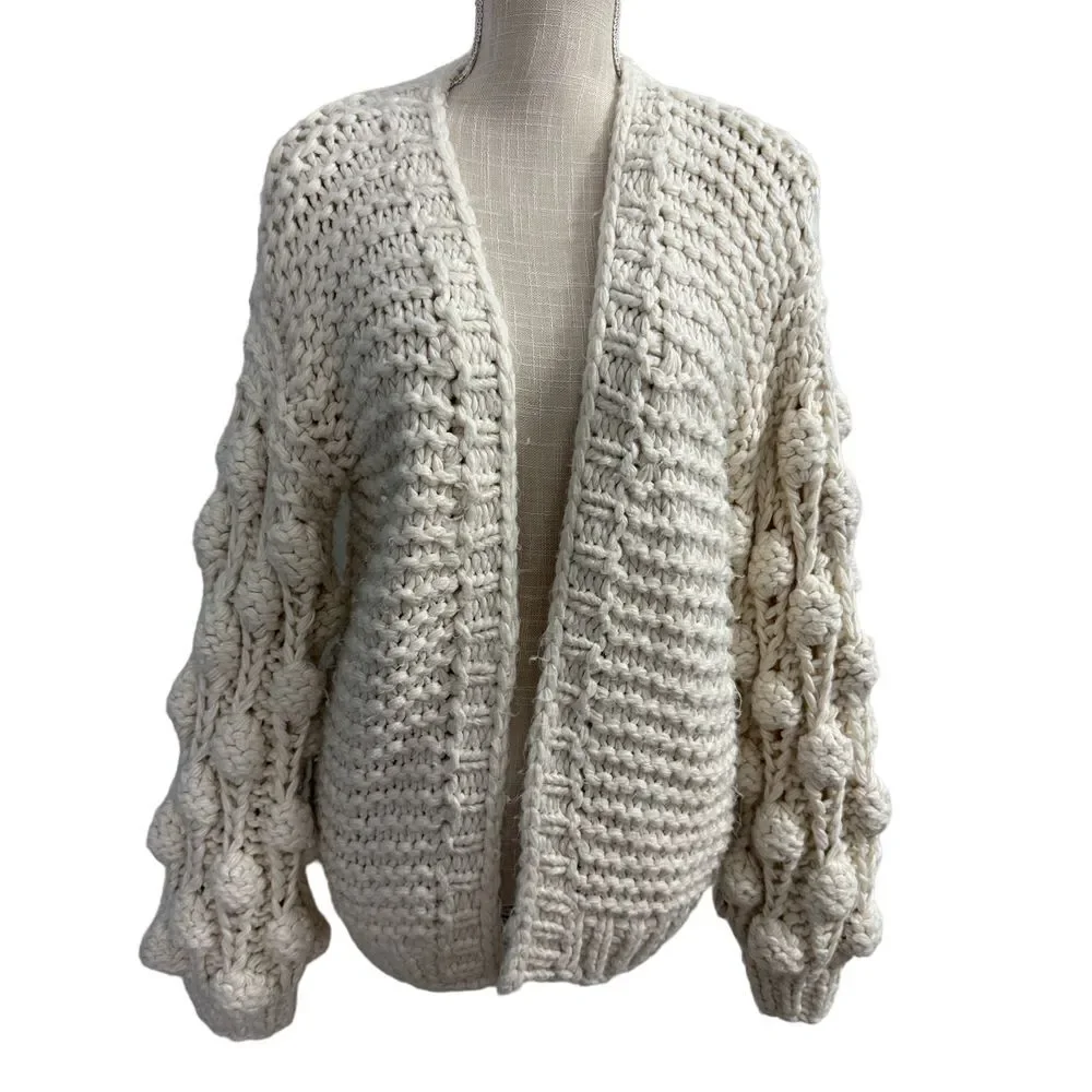 Adora Pom‎ Pom Sleeve Cardigan Womens One Size Cream Chunky Knit Open Front Boho